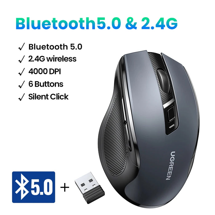 【NEW】UGREEN Mouse Wireless Ergonomic Mouse 4000 DPI Silent 6 Buttons For MacBook Tablet Laptop Mute Mice Quiet 2.4G Mouse BT5.0 and 2.4G Mouse CHINA