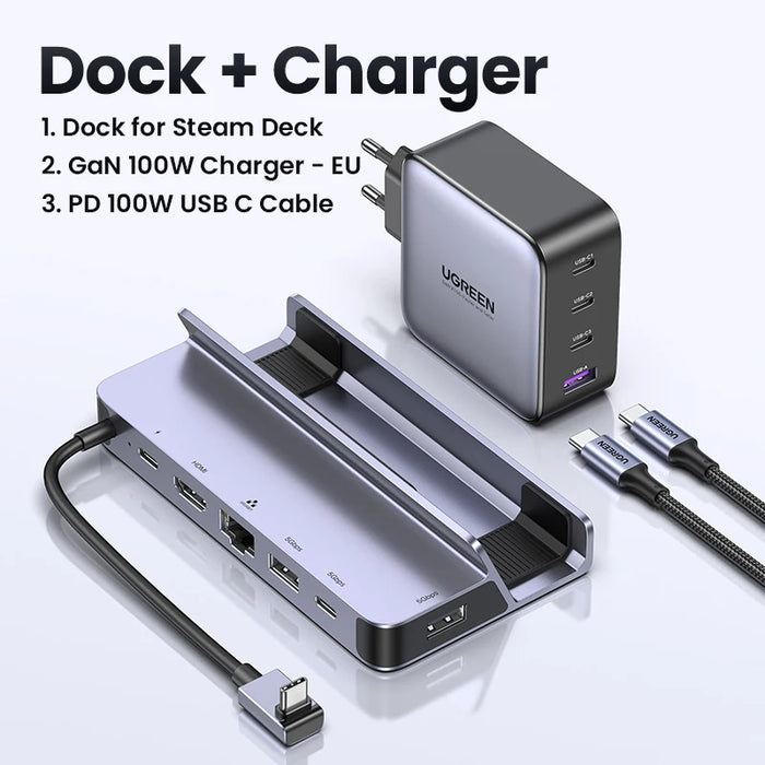 UGREEN USB C Docking Station ទៅ HDMI 4K60Hz RJ45 PD100W EU US UK Charger Dock for Steam Deck ROG Ally MacBook PC USB AC 3.0 HUB