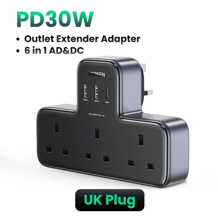 UGREEN 30W UK Plug Desktop Charger Power Strip Outlet Extension Adapter For iPhone 15 14 Pro Max Xiaomi Wall Fast Charger AD DC