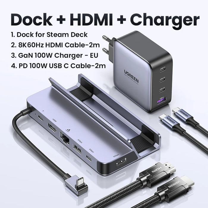 UGREEN USB C Docking Station ទៅ HDMI 4K60Hz RJ45 PD100W EU US UK Charger Dock for Steam Deck ROG Ally MacBook PC USB AC 3.0 HUB