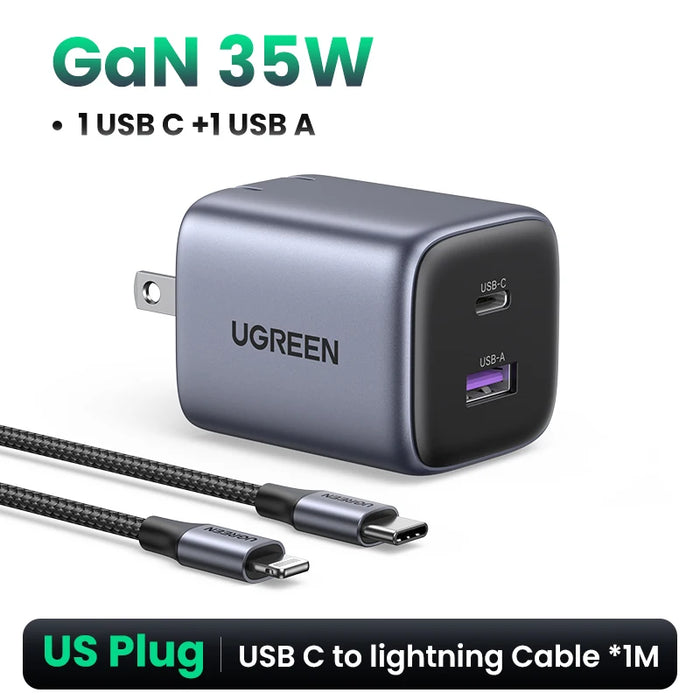 UGREEN GaN 35W Charger USB Charger PD3.0 QC3.0 Quick Charger For iPhone 15 14 13 Pro Samsung Xiaomi iPad Pro USB C Fast Charger US Add iPhone Cable CHINA