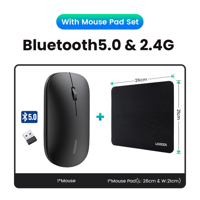 UGREEN Mouse Wireless Bluetooth Silent Mouse 4000 DPI For MacBook Tablet Computer Laptop PC Mice Slim Quiet 2.4G Wireless Mouse Black Add Mouse Pad CN