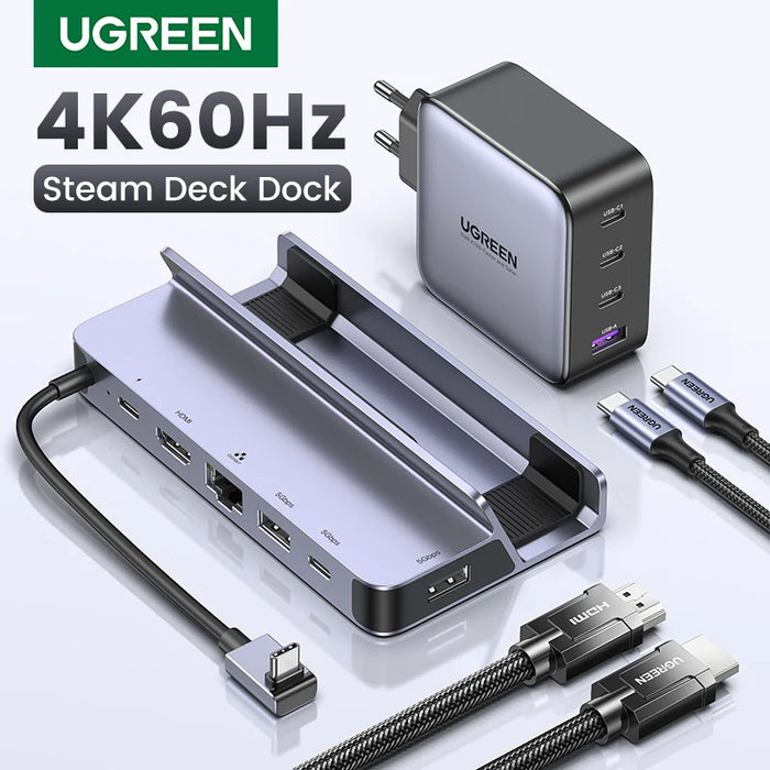 UGREEN USB C Docking Station ទៅ HDMI 4K60Hz RJ45 PD100W EU US UK Charger Dock for Steam Deck ROG Ally MacBook PC USB AC 3.0 HUB