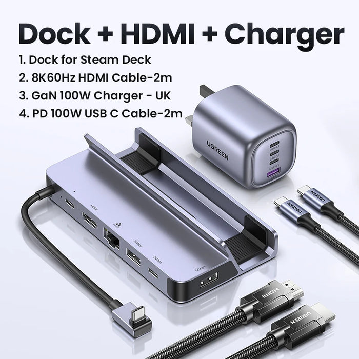 UGREEN USB C Docking Station ទៅ HDMI 4K60Hz RJ45 PD100W EU US UK Charger Dock for Steam Deck ROG Ally MacBook PC USB AC 3.0 HUB