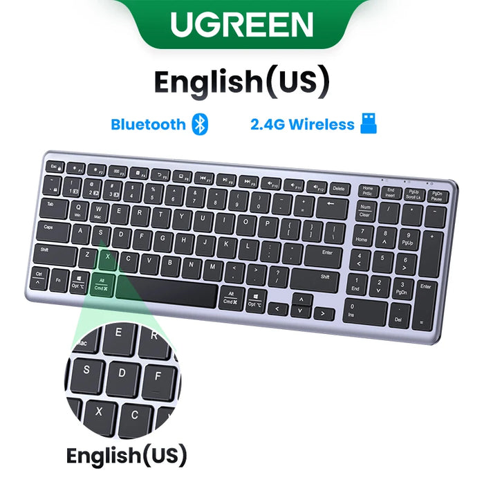 ក្តារចុច UGREEN ប៊្លូធូសឥតខ្សែ 5.0 2.4G រុស្ស៊ី/កូរ៉េ/EN 99 គ្រាប់ចុចសម្រាប់កុំព្យូទ័រ MacBook iPad កុំព្យូទ័របន្ទះ USB C ក្តារចុចដែលអាចបញ្ចូលថ្មបាន