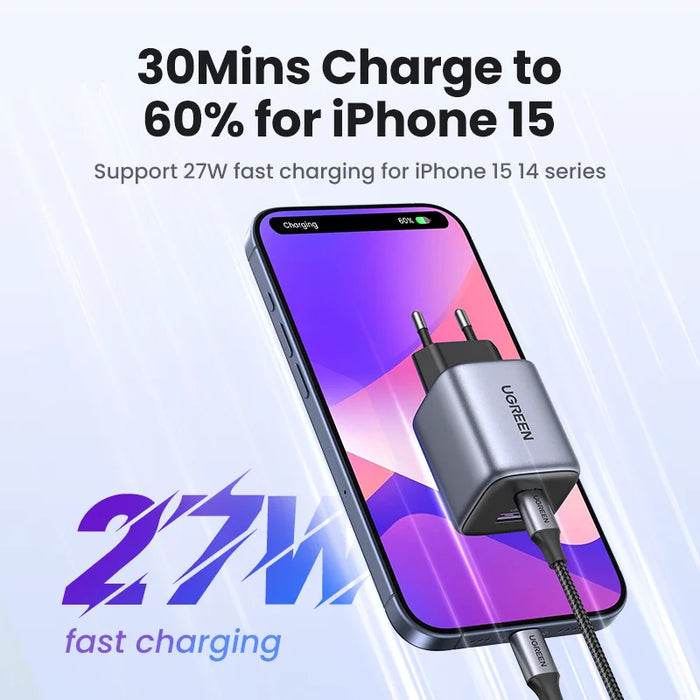 ឆ្នាំងសាក UGREEN GaN 35W USB Charger PD3.0 QC3.0 Quick Charger សម្រាប់ iPhone 16 15 14 Pro Samsung Xiaomi iPad Pro USB C Fast Charger