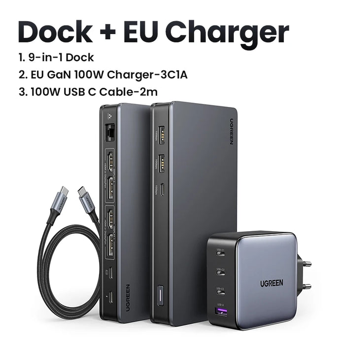 UGREEN Docking Station 9-IN-1 HUB USB C to 4K60Hz HDMI DisplayPort Triple Display RJ45 PD100W Dock for Mac OS 10Gbps USB 3.1 HUB