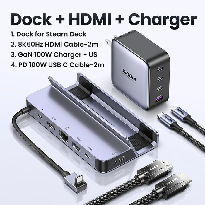 UGREEN USB C Docking Station ទៅ HDMI 4K60Hz RJ45 PD100W EU US UK Charger Dock for Steam Deck ROG Ally MacBook PC USB AC 3.0 HUB