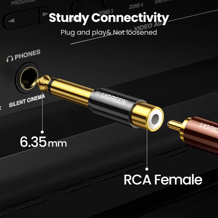 UGREEN RCA ទៅ 6.5mm 6.35mm 1/4 អាដាប់ទ័រមាសស្រោបមាសសុទ្ធ 6.5mm ពីបុរសទៅ RCA ស្រីទៅ Jack TS Mono អាដាប់ទ័រឧបករណ៍ភ្ជាប់អូឌីយ៉ូ