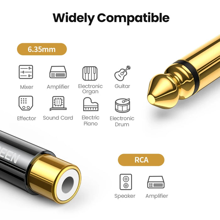 UGREEN RCA ទៅ 6.5mm 6.35mm 1/4 អាដាប់ទ័រមាសស្រោបមាសសុទ្ធ 6.5mm ពីបុរសទៅ RCA ស្រីទៅ Jack TS Mono អាដាប់ទ័រឧបករណ៍ភ្ជាប់អូឌីយ៉ូ