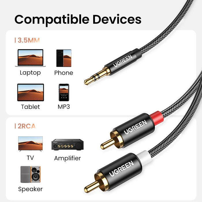 UGREEN RCA Cable HiFi Stereo 2RCA ដល់ 3.5mm Audio Cable AUX RCA Jack 3.5 Y Splitter for Amplifiers Audio Home Theater Cable RCA