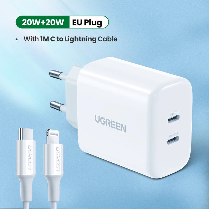 UGREEN Dual 20W PD USB C Charger for iPhone 14 13 12 Fast Charger Quick Charge 4.0 3.0 Charging for Samsung Mobile Phone Charger EU add C to L Cable CHINA