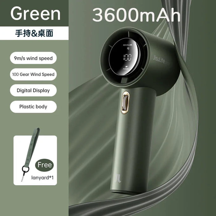 JISULIFE Portable Hand Fan , 100 Wind Speeds, Mini Bladeless Handheld Fan, USB Rechargeable Personal Fans, Electric Eyelash Fan 3600mAh Green