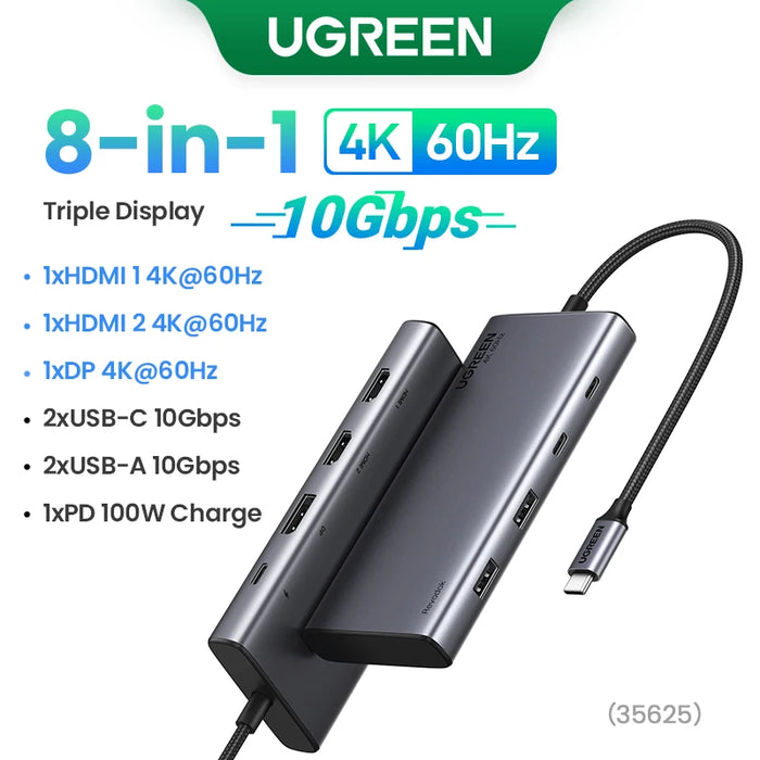 UGREEN Triple Display USB C HUB 10Gbps 4K HDMI Adapter 8-in-1 Splitter ជាមួយ HDMI DP USB3.2 PD 100W Dock សម្រាប់ MacBook Pro Air PC