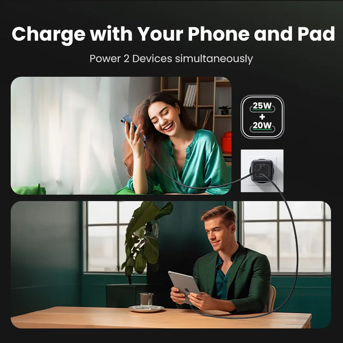 UGREEN GaN 45W USB Charger PD QC 3.0 Fast Charger Quick Charger សម្រាប់ iPhone 16 15 14 Pro ឆ្នាំងសាកទូរស័ព្ទសម្រាប់ Samsung S24 S23