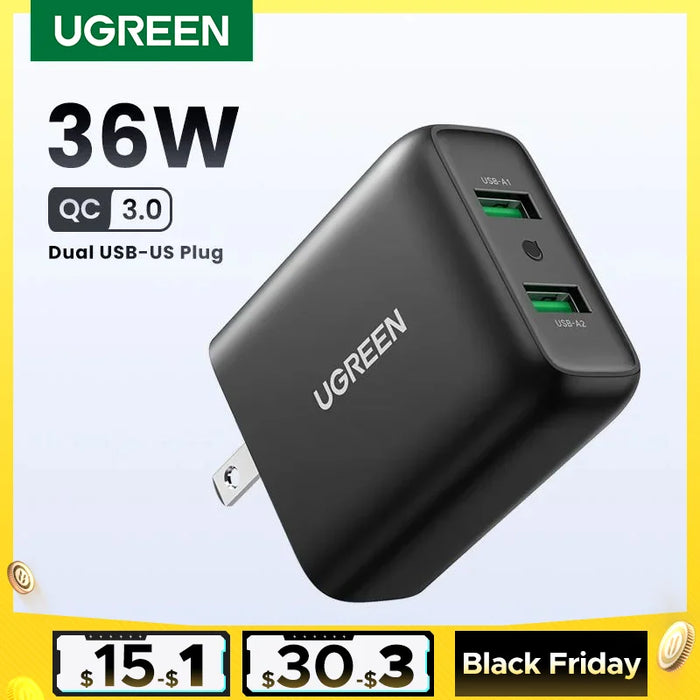 【US Plug】UGREEN USB Charger Quick Charge 3.0 36W Fast Charger Adapter QC3.0 Mobile Phone Chargers for iPhone Samsung Charger