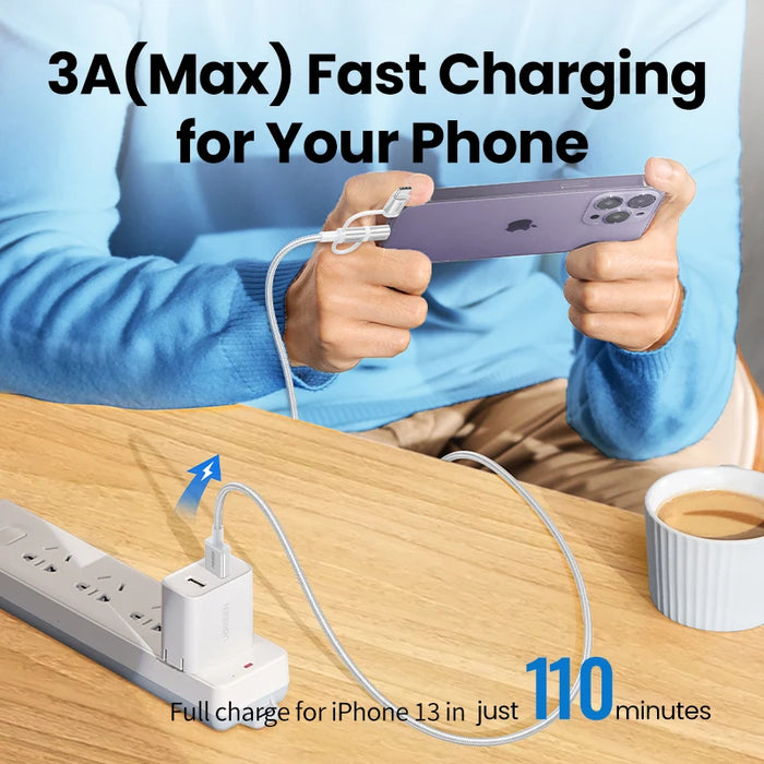 【លក់ថ្មី】 UGREEN MFi USB C to Lightning Micro USB Cable 3A Fast Charging 3 in 1 For iPhone 14 13 12 Pro Max Xiaomi Samsung