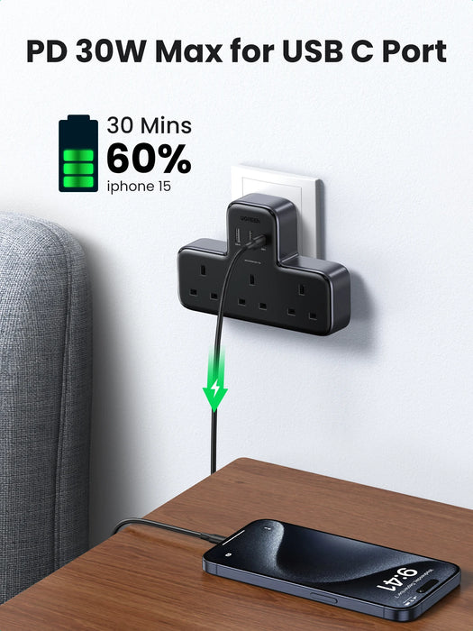 UGREEN UK Plug Power Strip Outlet Extension Adapter For iPhone 15 14 Pro Max Xiaomi Wall Fast Charger AD DC Travel Adapter