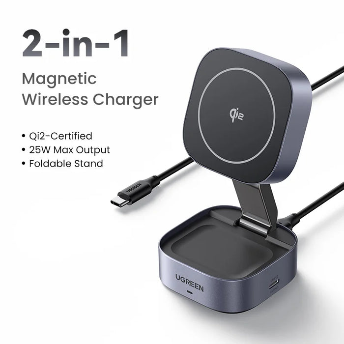 UGREEN Qi2 25W Magnetic Wireless Charger Stand 2-in-1 Charging Stand For iPhone 15 16 Pro Max/AirPods For MagSafe Fast Charger