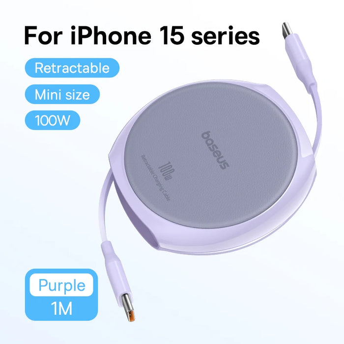 Baseus Retractable USB C Cable 100W Cable  For MacBook iPad Fast Charger Cable for iPhone 16 15 Plus Pro Max Charger Data Wire