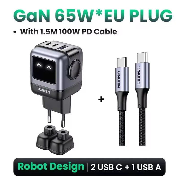 ថ្មី!UGREEN 65W GaN Charger Robot Design Quick Charge 4.0 3.0 PPS សម្រាប់ iPhone 16 15 14 Pro Macbook Laptop Tablet PD Fast Charger