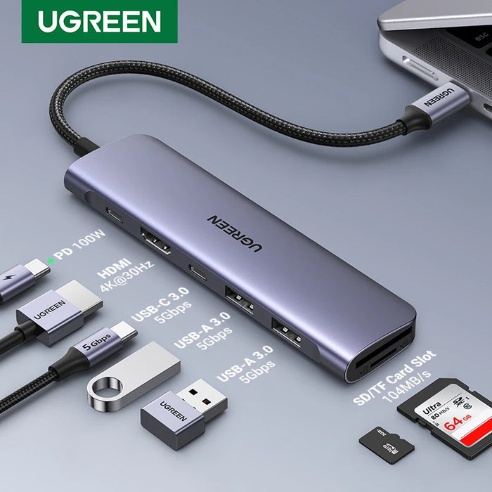 [ការផ្តល់ជូនមានកំណត់] UGREEN USB C Hub 7 in 1 USB C Dock 4K HDMI 100W PD USB-C &amp; USB-A 5Gbps Ports SD/TF Card Reader សម្រាប់ PC MacBook