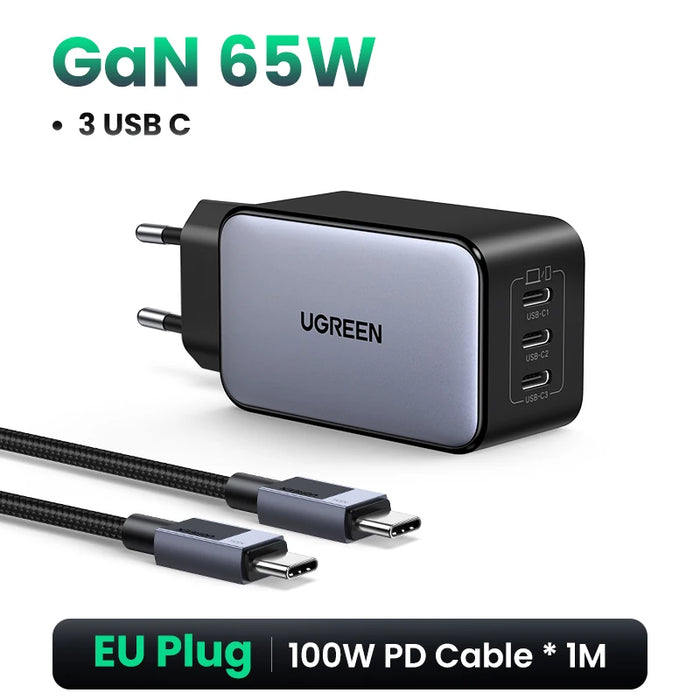 UGREEN 65W GaN Charger 4 Ports USB C Fast Charger Quick Charge 3.0 PD 3.0 សម្រាប់កុំព្យូទ័រ Macbook Air Laptops Tablet iPhone 16 15 14 Pro Max