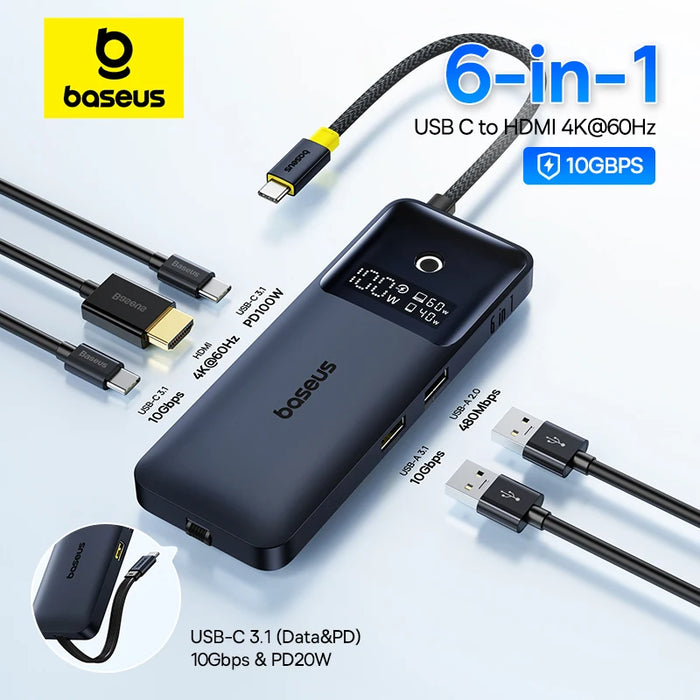 Baseus USB Hub for HDMI 4K@60Hz USB 3.1 10Gbps Hub 100W+20W Dual Fast Charging Cable Docking Station for MacBook Air PC USB Hub