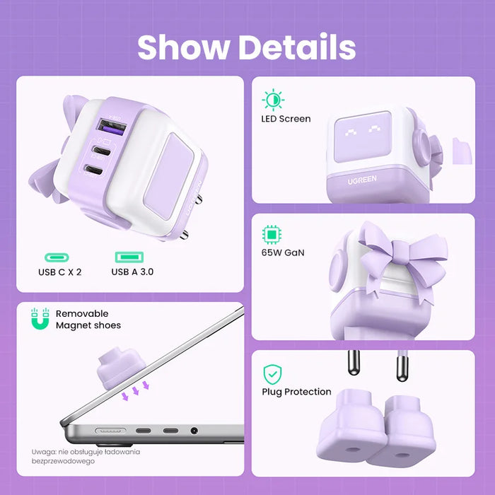 ថ្មី!UGREEN 65W GaN Charger Robot Design Quick Charge 4.0 3.0 PPS សម្រាប់ iPhone 16 15 14 Pro Macbook Laptop Tablet PD Fast Charger