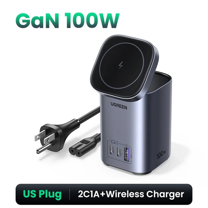 UGREEN GaN 100W Desktop Charger MFi Magnetic Wireless Charger for iPhone 16 15 14 Fast Charger Power Station for Laptop Notebook