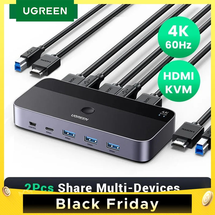 UGREEN 4K@60Hz HDMI KVM Switch USB3.0 KVM Switcher  2 PCs Sharing 1 Monitor,Printer,Keyboard,Mouse Switch Support 3D ,HDR Vision