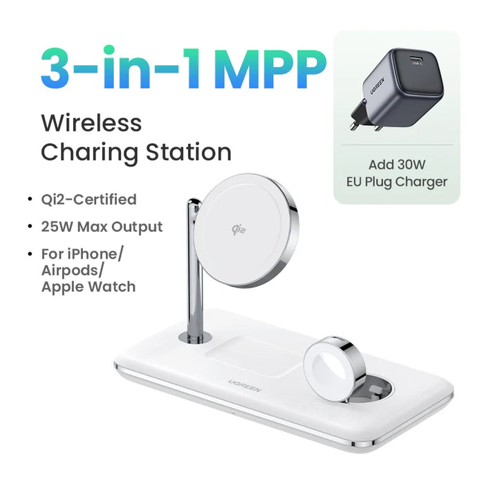 UGREEN MFi for Magsafe 25W Wireless Charger Stand 15W 3-in-1 Charging Station For iPhone 15 16 Pro Max For Apple Watch AirPods