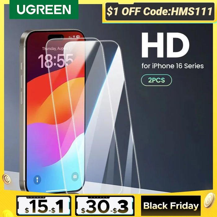 UGREEN 2pcs សម្រាប់ iPhone 16 Pro Max កញ្ចក់ការពារសម្រាប់ iPhone 16 Plus កញ្ចក់ Tempered Glass សម្រាប់ iPhone 15 14 13 12 HD Film 16pro