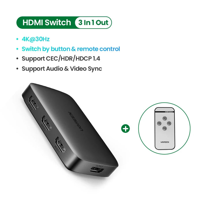 UGREEN HDMI Switch for Xiaomi Mi Box 3 In 1 Out HDMI-compatible Switcher 4K30Hz for TV box PS4 Switch with Controller HDMI Cable