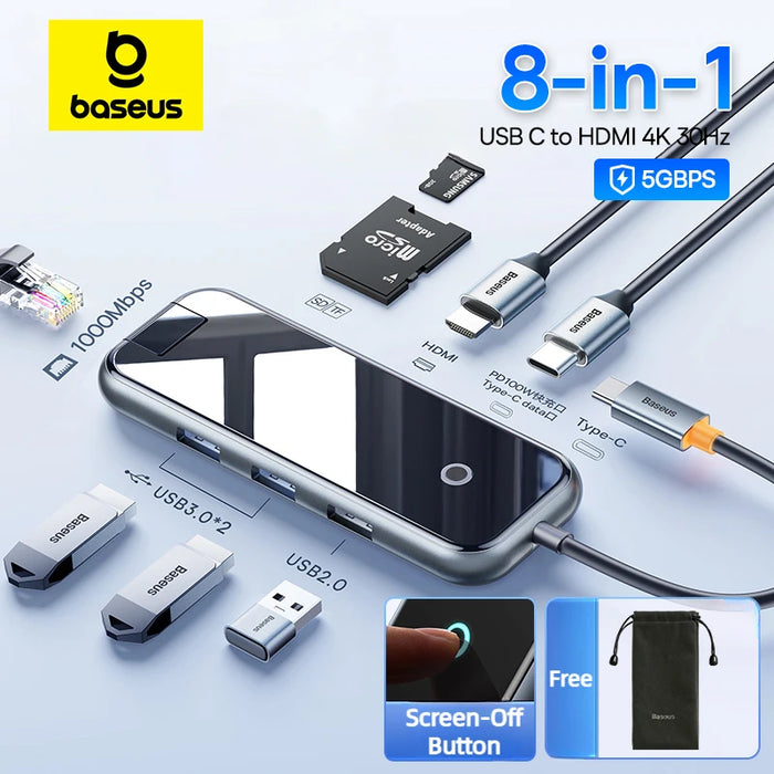 Baseus USB C Docking Station to HDMI-Compatible 4K@30Hz Display 5Gbps USB C 3.0 HUB 100W PD SD/TF for MacBook Pro Air iPad PC