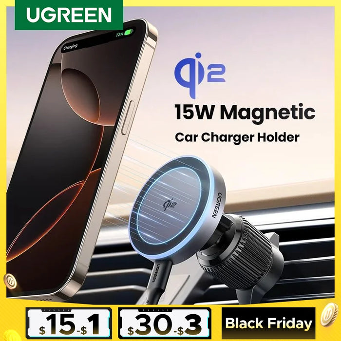 UGREEN Qi2 15W Magnetic Car Phone Holder Wireless Charger Stand for iPhone 16 Pro Max Charging for Magsafe Car Charger LED Light 