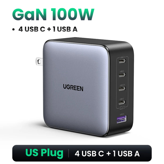 UGREEN 100W GaN Charger 5 Ports USB C Charger QC4.0 3.0 PPS សម្រាប់ Macbook Air Laptop Tablet ឧបករណ៍សាក PDFast សម្រាប់ iPhone 16 15 14 Pro