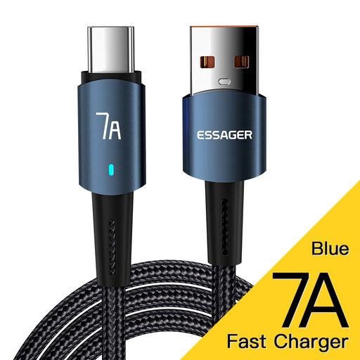 Essager 7A 100W USB Type C Cable 100W Fast Charging Wire For OPPO Oneplus Huawei P40 P30 Samsung Realme USB C Charger Data Cord CN 7A Blue