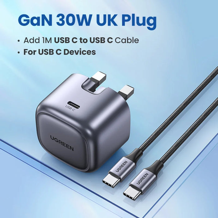 UGREEN GaN 30W Fast Charger ជាមួយនឹងខ្សែ 1m 100W សម្រាប់ iPhone 15 14 13 PD3.0 ឆ្នាំងសាកសម្រាប់ iPad Pro Samsung Xiaomi USB C Phone Charger