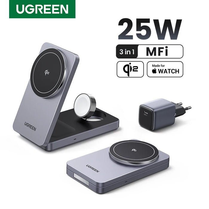 UGREEN MFi 3-in-1 25W Magnetic Wireless Charger Stand Qi2 15W Charging For iPhone 16 Pro Apple Watch For MagSafe Fast Charger