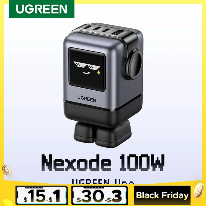 【US Plug】 UGREEN Uno 100W GaN Charger Robot Design QC4.0 3.0 PPS សម្រាប់ iPhone 16 15 14 Pro Macbook Laptops Tablet PD3.0 Fast Charge