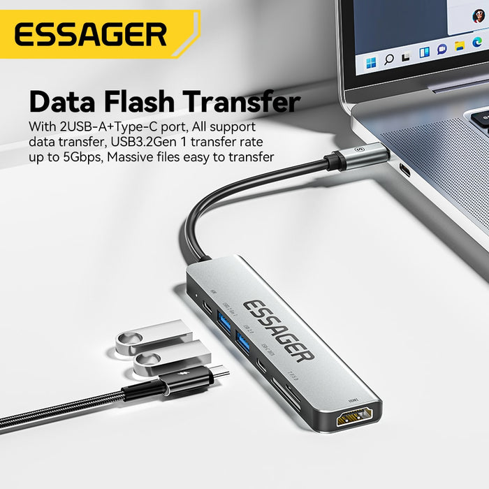 Essager USB HUB 7 in 1 USB C HUB PD60W USB Type C to Multi USB 3.0 Adapter for MacBook Pro Air Huawei Mate 30 USB-C 3.0 Splitter