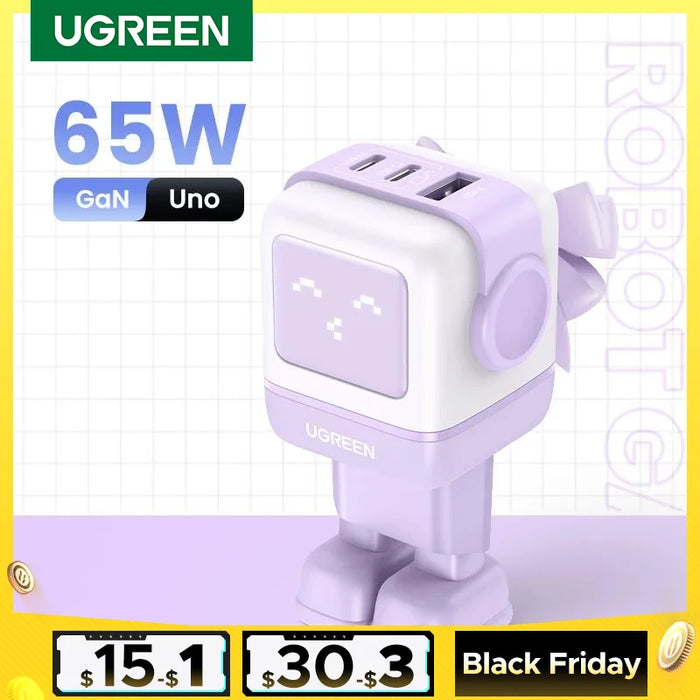 ថ្មី!UGREEN 65W GaN Charger Robot Design Quick Charge 4.0 3.0 PPS សម្រាប់ iPhone 16 15 14 Pro Macbook Laptop Tablet PD Fast Charger