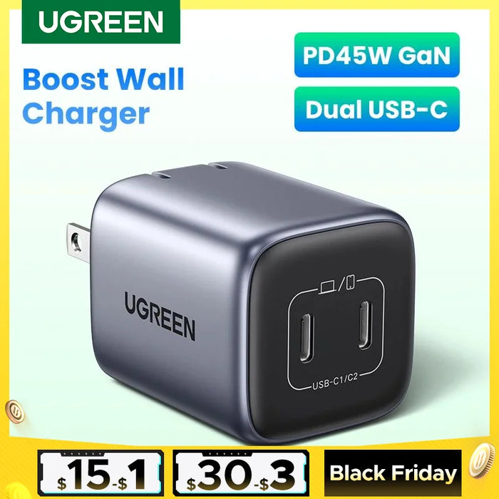 【US Plug】UGREEN GaN 45W USB Charger PD QC 3.0 Fast Charger Quick Charger For iPhone 15 14 Pro Phone Charger for Samsung S24 S23