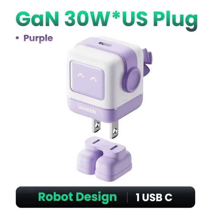 【US Plug】 UGREEN Uno 100W GaN Charger Robot Design QC4.0 3.0 PPS សម្រាប់ iPhone 16 15 14 Pro Macbook Laptops Tablet PD3.0 Fast Charge