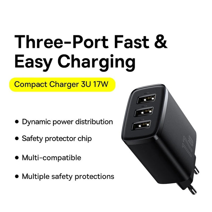 Baseus 17W USB Charger Universal Portable 3 Ports Travel Wall Adapter Portable Charger Safe Charging For iPhone Xiaomi Samsung