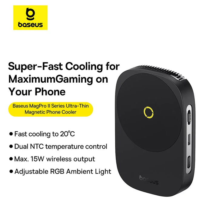 Baseus Magnetic Phone Cooler with 15W Wireless Charging for iPhone 16 Pro Max Game Radiator with Mobile Phone Stand Cooling Fan