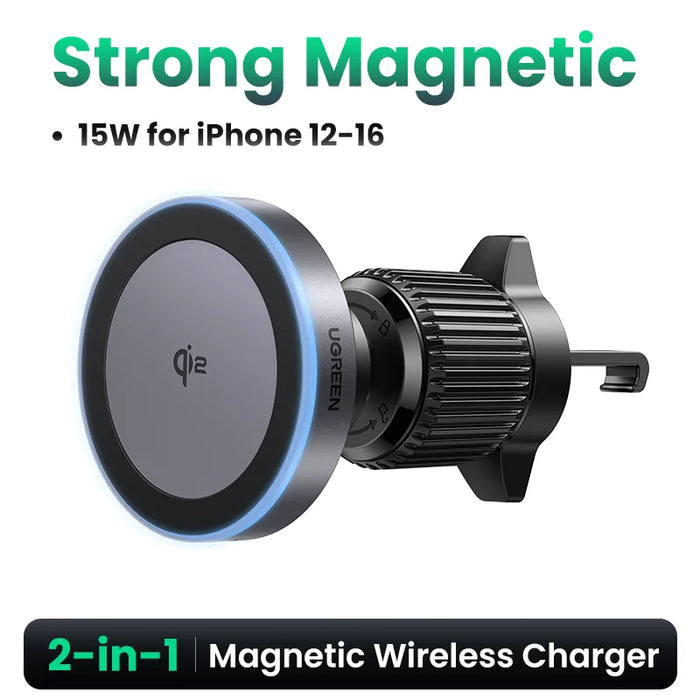 UGREEN Qi2 15W Magnetic Car Phone Holder Wireless Charger Stand for iPhone 16 Pro Max Charging for Magsafe Car Charger LED Light 