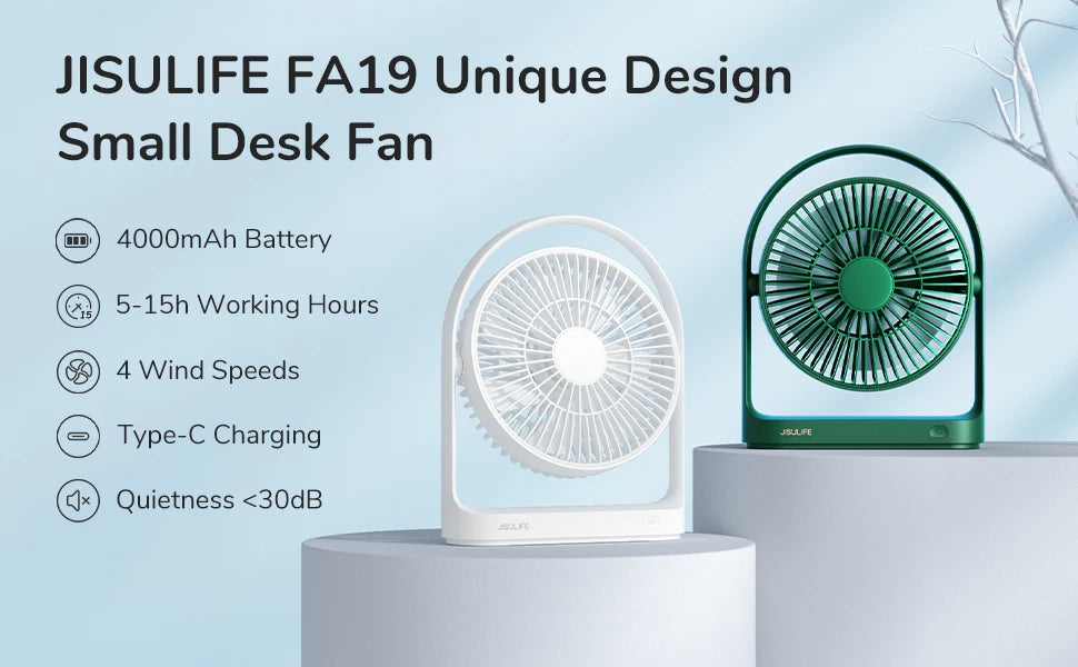 JISULIFE Table Fan Mini USB Strong Wind Rechargeable Desk Fans Wireless 4000mAH with 4 gear Wind Speed 330° Degree Rotata