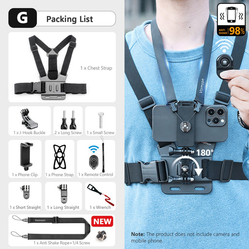 Vamson for iPhone 13 14 Samsung Huawei Chest Strap Belt Body Harness Phone Clip Mount for Insta360 for Gopro Hero 11 10 9 8 7 G